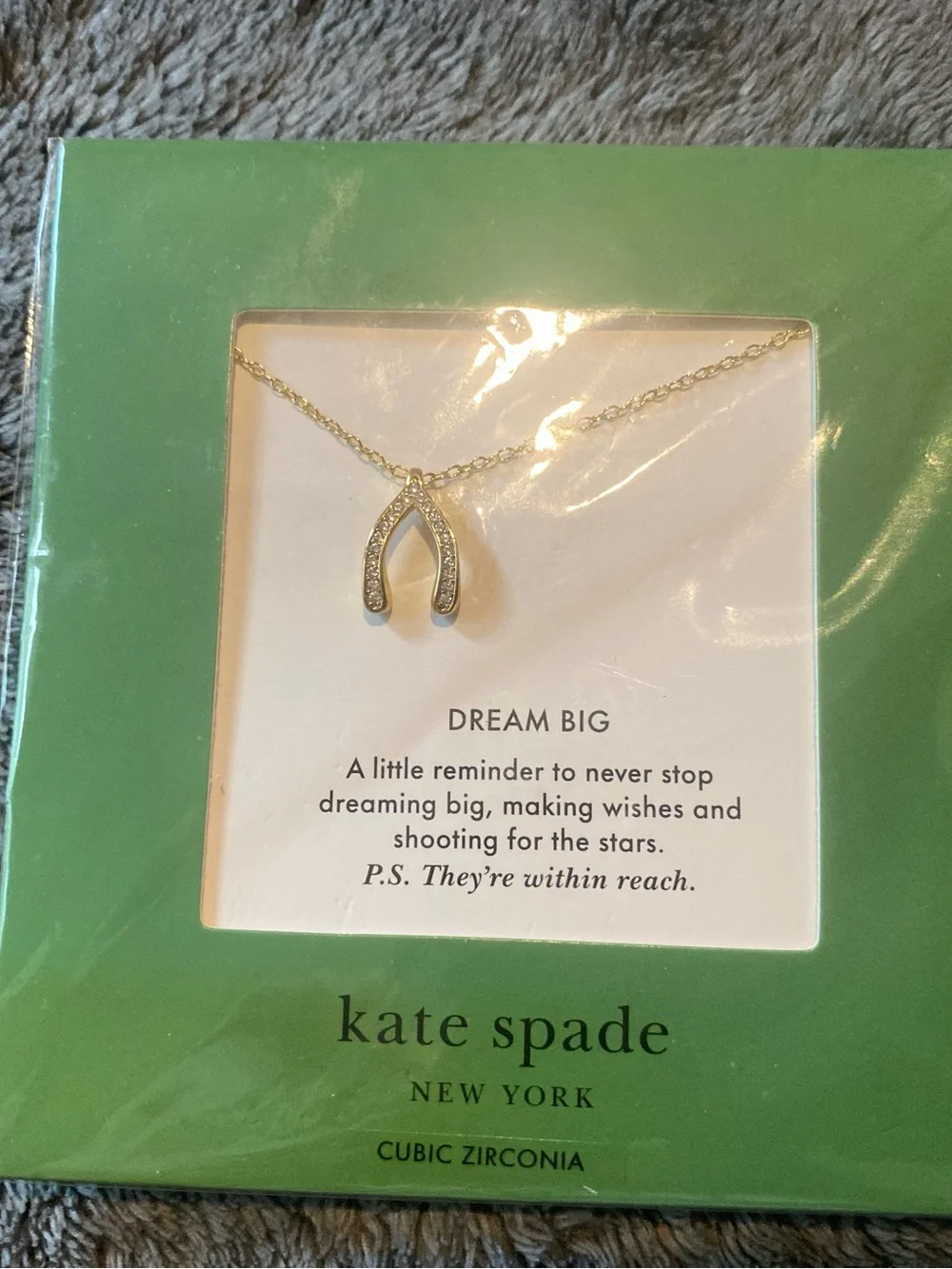 Kate Spade Gold Tone Wishbone “Dream Big” Pendant Necklace with Clear Stones $68